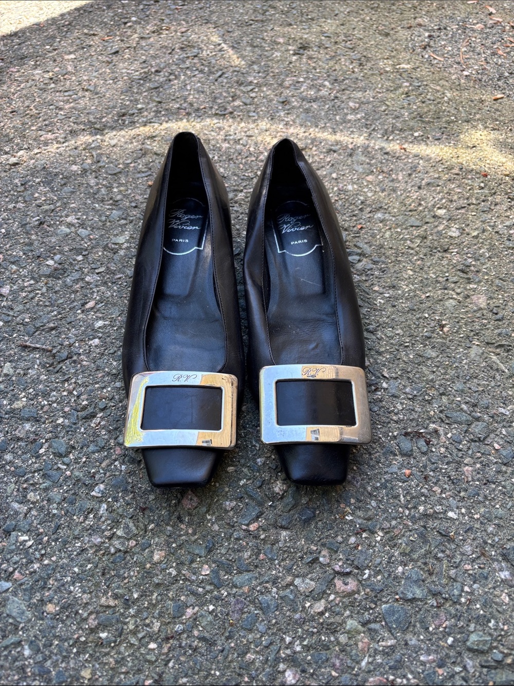 Roger Vivier Black Leather Flats with Silver Square Buckles